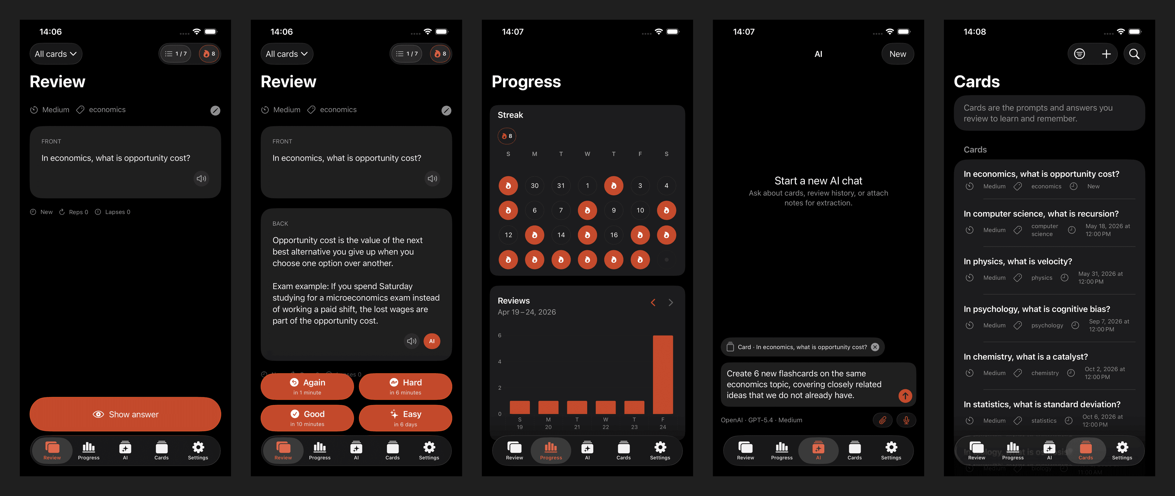Nibomo app screens showing review, answer results, progress, AI draft, and card list flows.